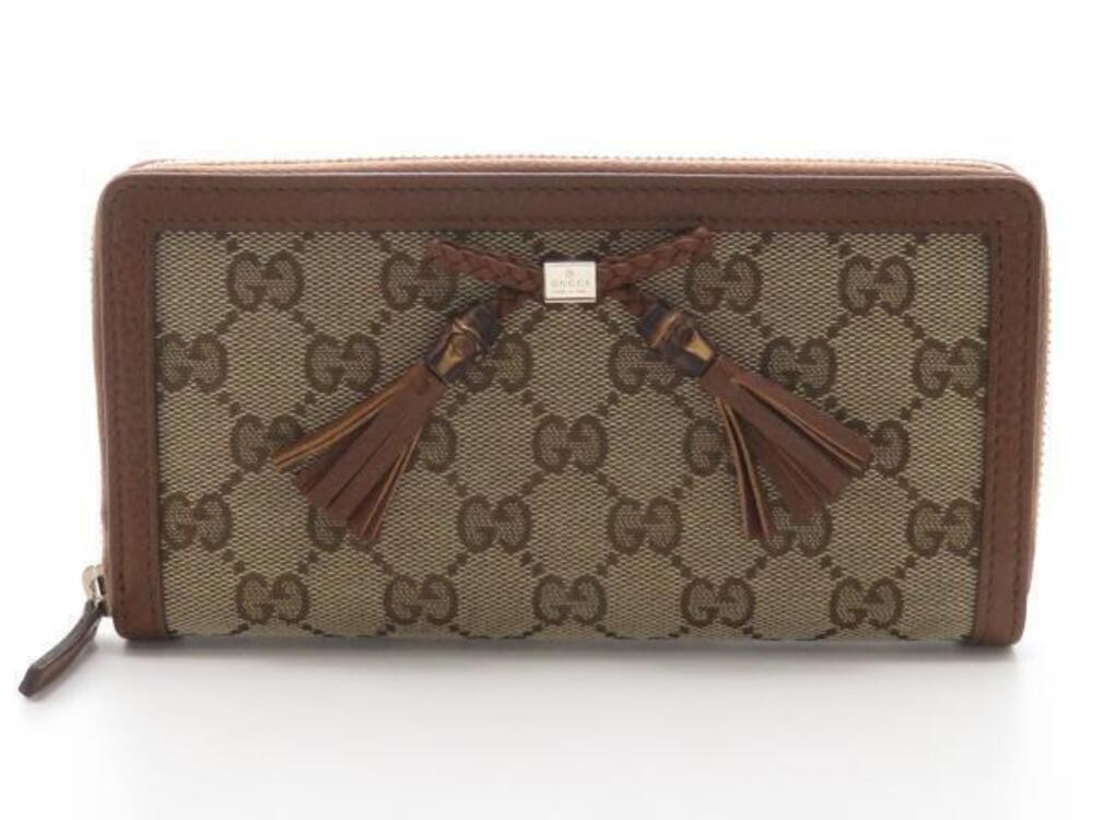 Gucci Round Long Wallet Bamboo Tassel GG Canvas Calfskin Brown Beige Cream